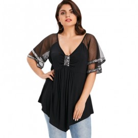 Plus Size V Neck Glittery Mesh Shoulder T-shirt (BLACK)