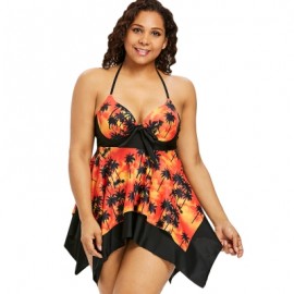 Plus Size Palm Print Handkerchief Tankini Set (TANGERINE)