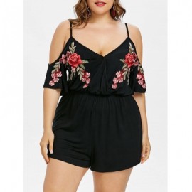 Plus Size Embroidery Cold Shoulder Romper (BLACK)