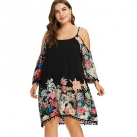 Plus Size Casual Cold Shoulder Print Dress (BLACK)