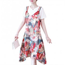 Round Collar Short Sleeve Pattern Women Two-piece Set (WHITE)