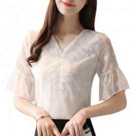 V Neck Half Bell Sleeve Lace Polka Dot Chiffon Women T-shirt (WHITE)