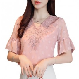 V Neck Half Bell Sleeve Lace Polka Dot Chiffon Women T-shirt (ORANGE PINK)