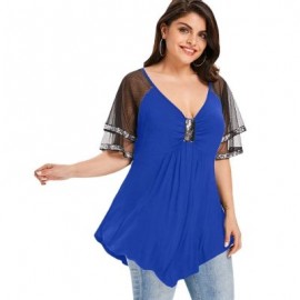 Plus Size V Neck Glittery Mesh Shoulder T-shirt (BLUE)