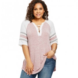 Plus Size Lace Up Side Slit Marled T-shirt (LIGHT PINK)