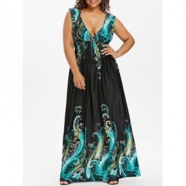 Plus Size Plunge V Neck Paisley Maxi Bohemian Dress (DARK TURQUOISE)