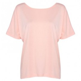 Round Collar Short Sleeve Backless Knot Loose Women T-shirt (PINK BUBBLEGUM)