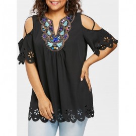 Plus Size Cold Shoulder Scalloped Edge Blouse (BLACK)