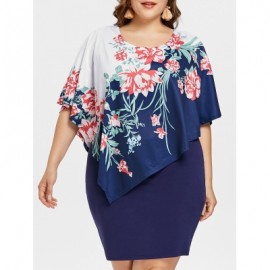 Plus Size Floral Overlay Bodycon Dress (MIDNIGHT BLUE)