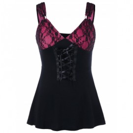 Lace Up Babydoll Tank Top (ROSE RED)