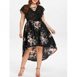 PLUS SIZE TINY FLORAL OVERLAY HIGH LOW DRESS (BLACK)
