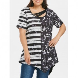 Plus Size Striped Music Note Print Asymmetric T-shirt (BLACK)