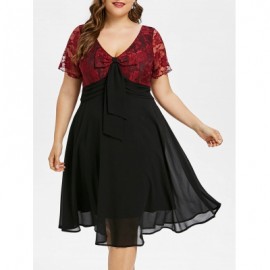 PLUS SIZE BOWKNOT EMBELLISHED V NECK FLARE DRESS (BLACK)