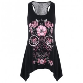 Flowered Skull Printed Lace Back Tank Top (BLACK)