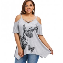 Shoulder Cut Plus Size Butterfly T-shirt (LIGHT GRAY)