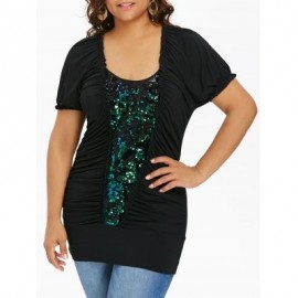 Plus Size Ruffle Trim Sequined T-shirt (BLACK)