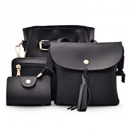 4pcs Elegant Tassel Women Shoulder Crossbody Composite Bag Card Holder Wristlet (BLACK)