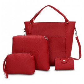4pcs Women PU Leather Handbag Shoulder Crossbody Bag Wristlet Card Holder (RED WINE)