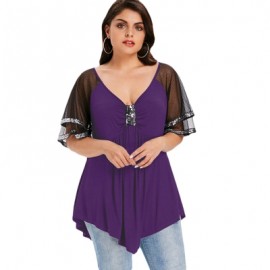 Plus Size V Neck Glittery Mesh Shoulder T-shirt (PURPLE)
