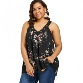 V Neck Plus Size Floral Print Tank Top (BLACK)