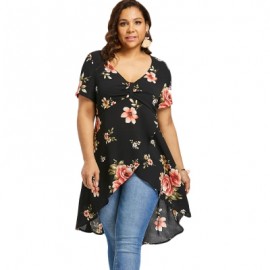 Plus Size Floral Overlap High Low Blouse (BLACK)