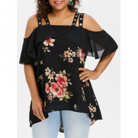 Plus Size Floral Cold Shoulder Ruffle High Low Blouse (BLACK)