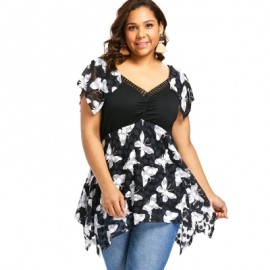 Plus Size Butterfly Print Empire Waist Handkerchief T-shirt (BLACK)