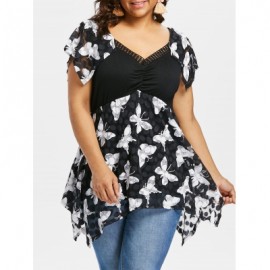 Plus Size Butterfly Print Handkerchief T-shirt (BLACK)