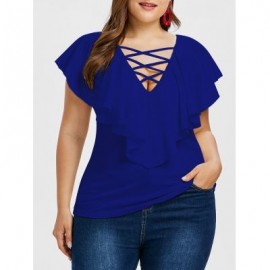 Criss Cross Plus Size Ruffle Insert T-shirt (DENIM DARK BLUE)