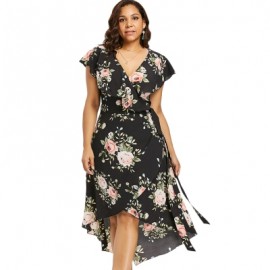 PLUS SIZE SHAWL COLLAR FLORAL PRINT HIGH LOW DRESS (BLACK)