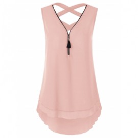 Half Zipper High Low Criss Cross Women Tank Top (LIGHT PINK)