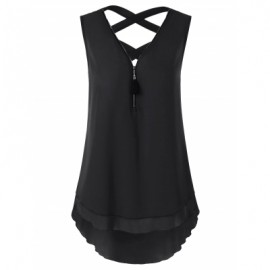 Half Zipper High Low Criss Cross Women Tank Top (BLACK)