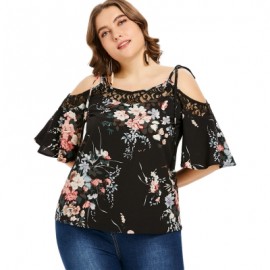 Plus Size Floral Print Lace Panel Blouse (BLACK)