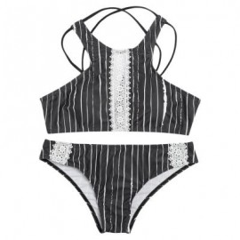 Sexy Female Tied Strap Backless Striped Print Women Bikini Set Swimwear (BLACK)