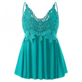 Plus Size Lace Trim Smocked Women Tank Top (MEDIUM TURQUOISE)