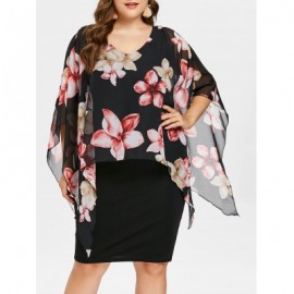 PLUS SIZE OVERLAY KNEE LENGTH FITTED DRESS (BLACK)