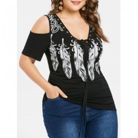 Plus Size Lace Up Feather Print T-shirt  (BLACK)