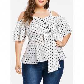 Plus Size Cold Shoulder Polka Dot Blouse (WHITE)