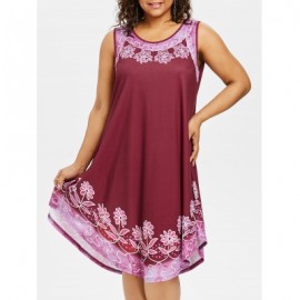 Plus Size Floral Sleeveless Dress (RED WINE)