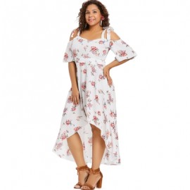 Plus Size Print Open Shoulder Flowy Dress (MILK WHITE)