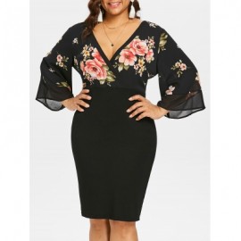 Plus Size Bell Sleeve Low Cut Floral Dress (BLACK)