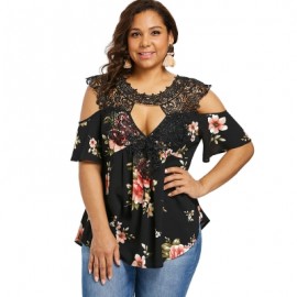 Plus Size Floral Flare Sleeve Blouse (BLACK)
