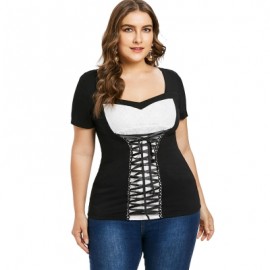 Plus Size Sweetheart Neck Lace Up T-shirt (BLACK)