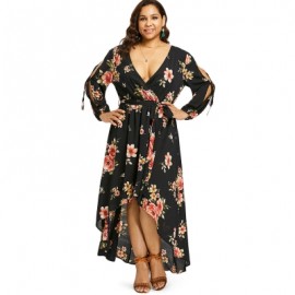Plus Size Back Cut Out Floral Surplice Dress (BLACK)