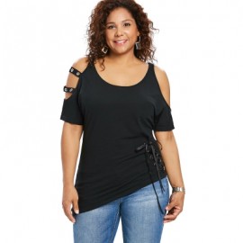 Plus Size Cold Shoulder Lace Up Asymmetric T-shirt (BLACK)