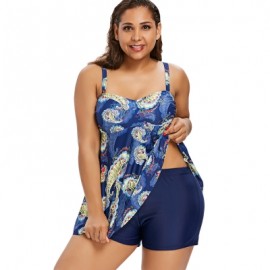 Plus Size Paisley Print Padded Tankini Set (BLUE)