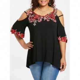 Plus Size Flare Sleeve Cold Shoulder T-shirt (BLACK)