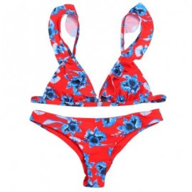 Plunge Neck Flounce Backless Padded Floral Print Low Waist Women Bikini Set (LAVA RED)