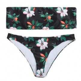 Sexy Strapless Padded Floral Print Mid Waist Women Bikini Set (BLACK)