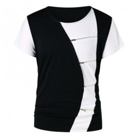 Ripped Zipper Embellished Color Blocking T-shirt (BLACK)
